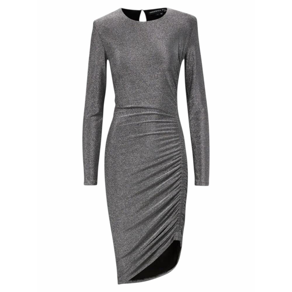 Veronica Beard Cyrus Metallic Lurex Side Ruch Dress Gunmetal Size XL